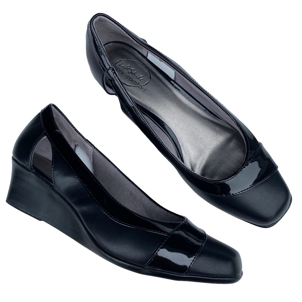 Life Stride Glossy Black Wedges